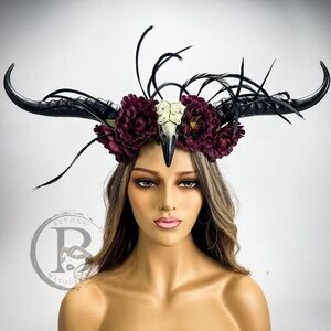 Mystical Ram Horned Crow Skull Fantasy Floral Feathers Headpiece